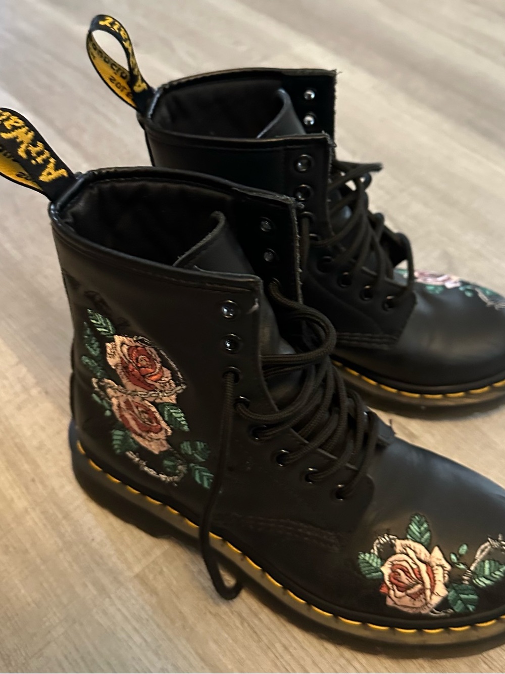 Dr. Martens Black Lace-Up Boots with Pink and Green Rose Embroidery